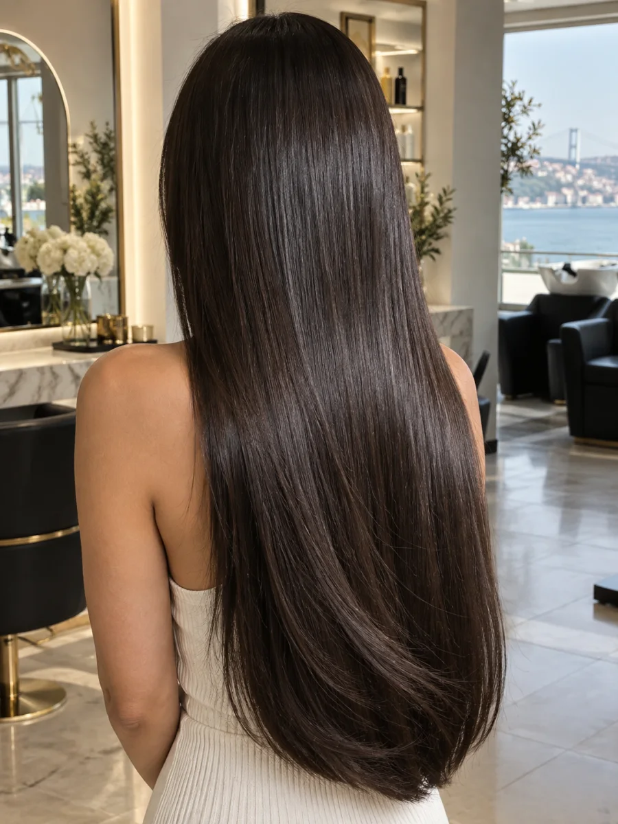 Resultado de alisamento em cabelo longo e escuro