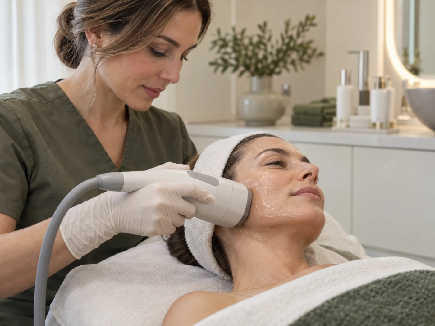 Aplicação de HIFU facial na linha do maxilar