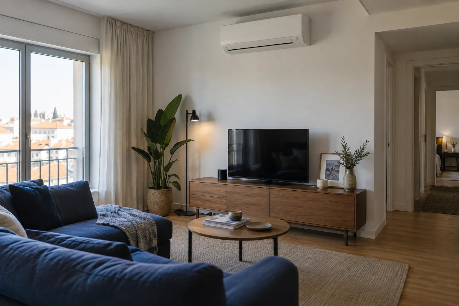 Sistema de climatização integrado numa sala contemporânea