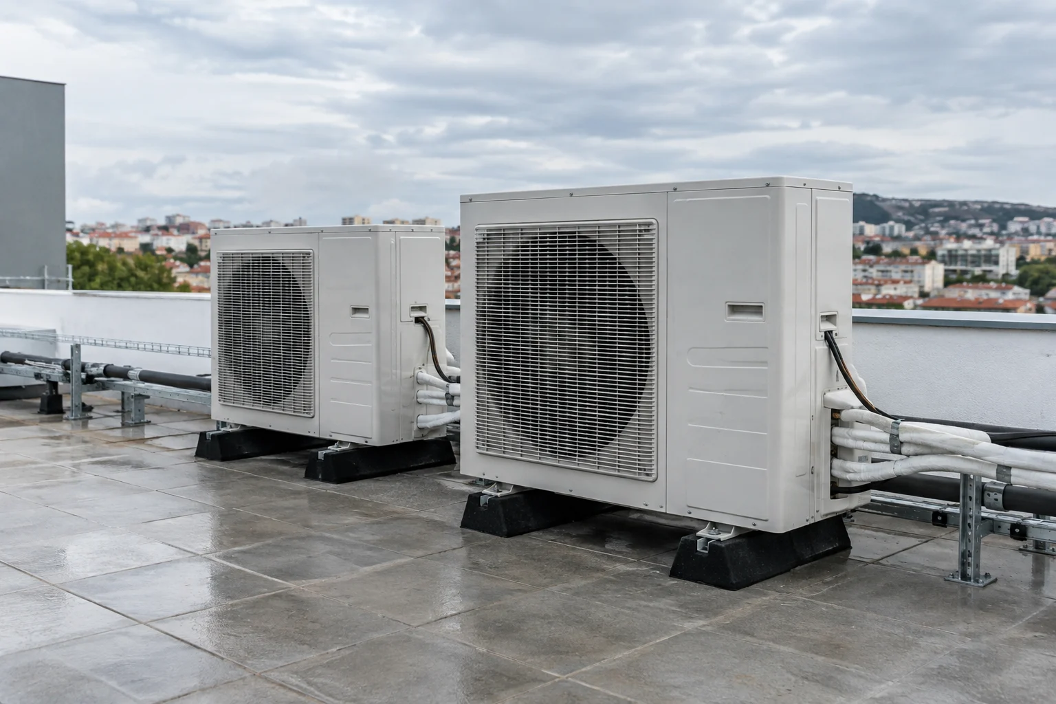 Unidades exteriores de climatização instaladas na cobertura de um edifício