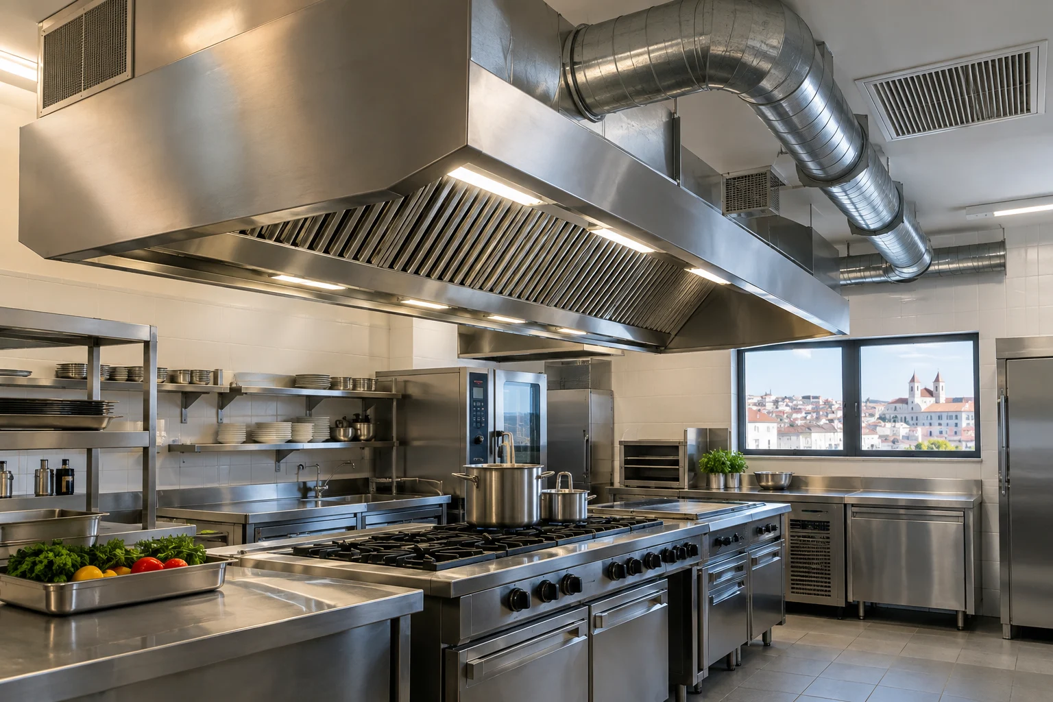 Sistema de extração e ventilação numa cozinha profissional