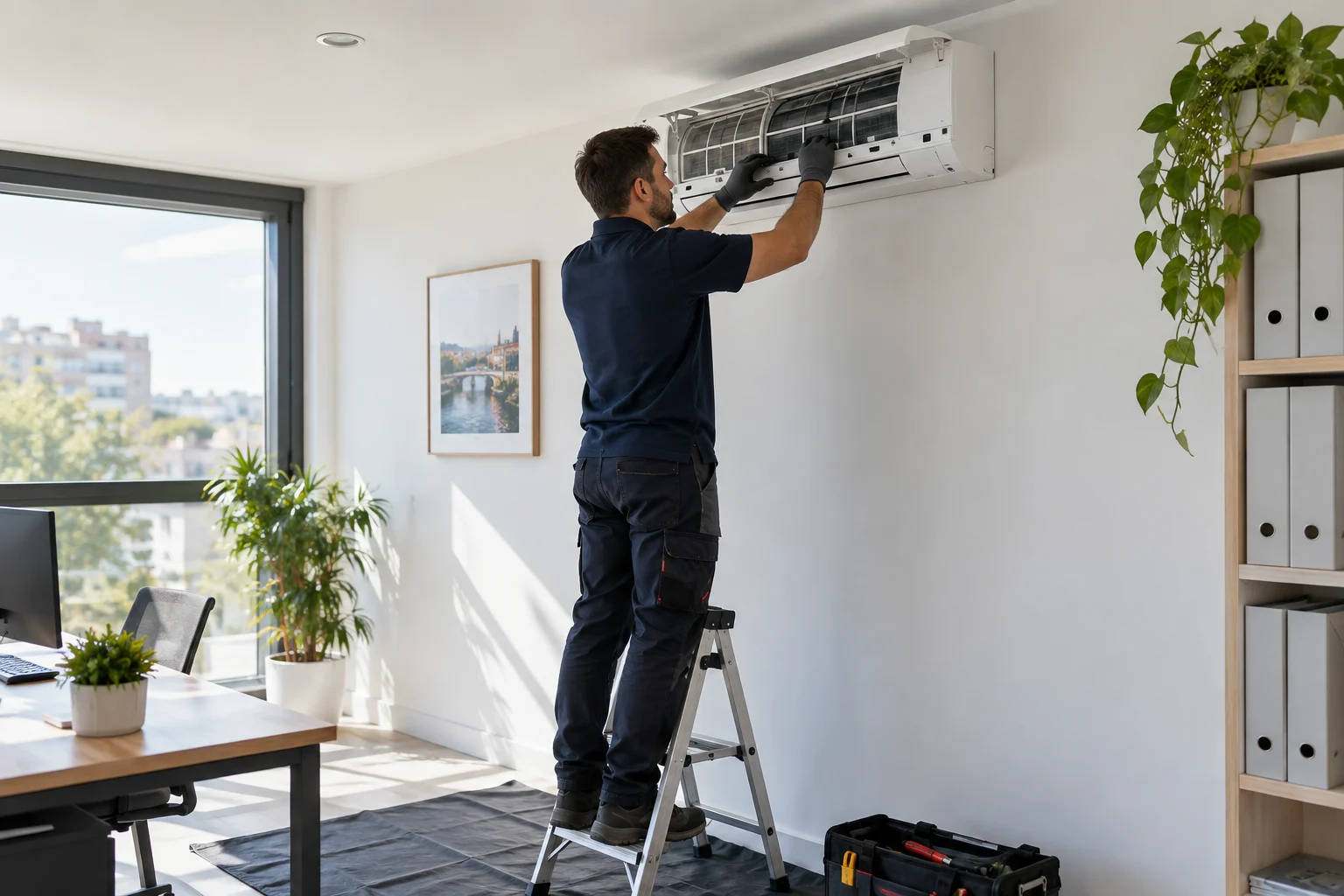 Técnico a realizar manutenção preventiva num equipamento de climatização instalado junto ao teto