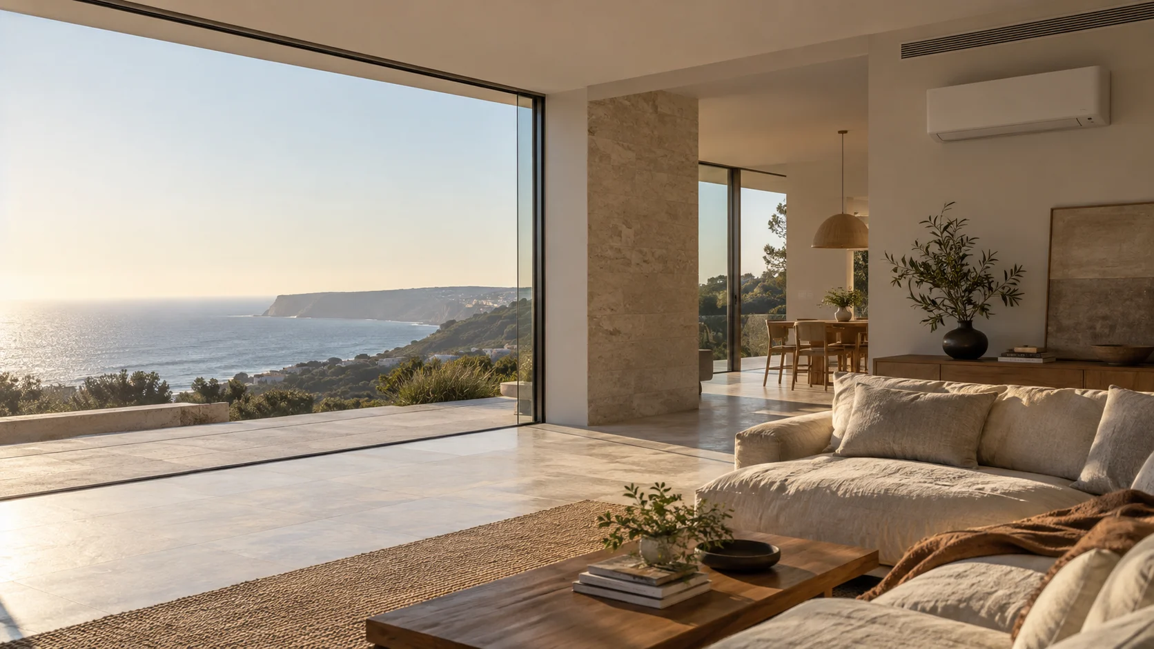 Espaço contemporâneo com sistema de climatização integrado e vista para a costa portuguesa