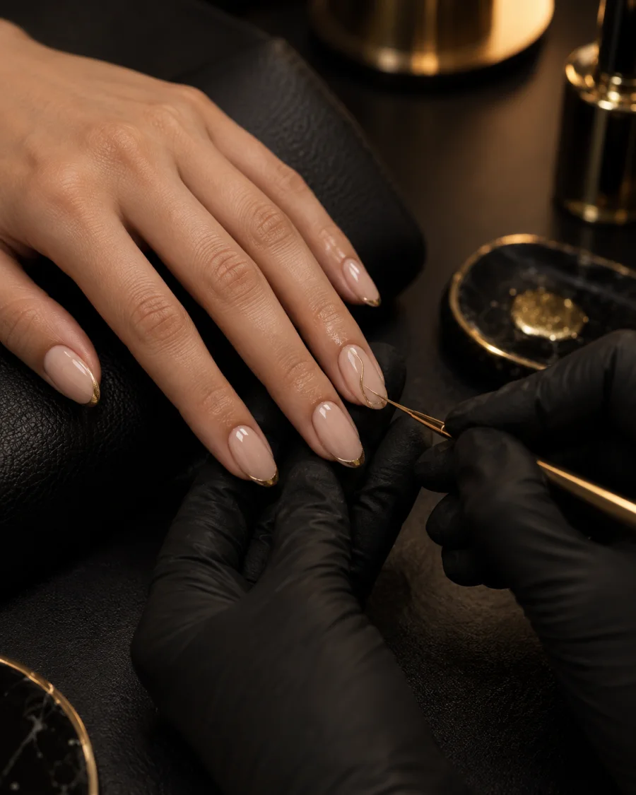 Manicure elegante em tons nude e dourado